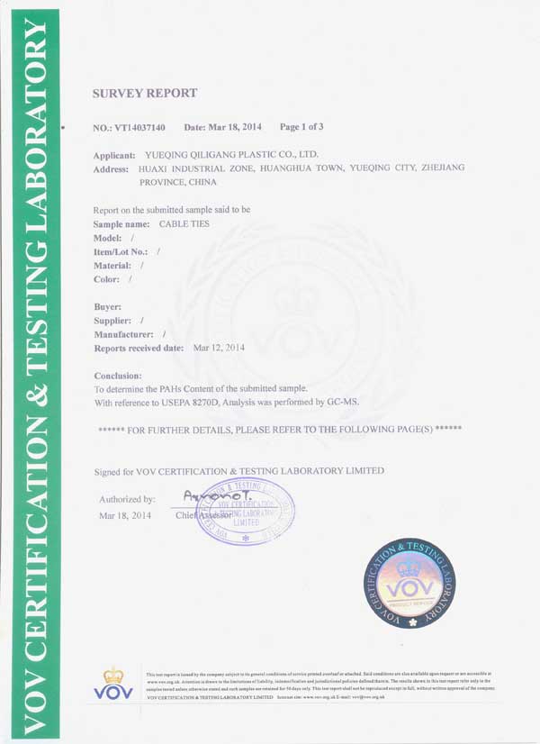 GA黄金甲 PAHs Certificate Qiligang Cable Ties
